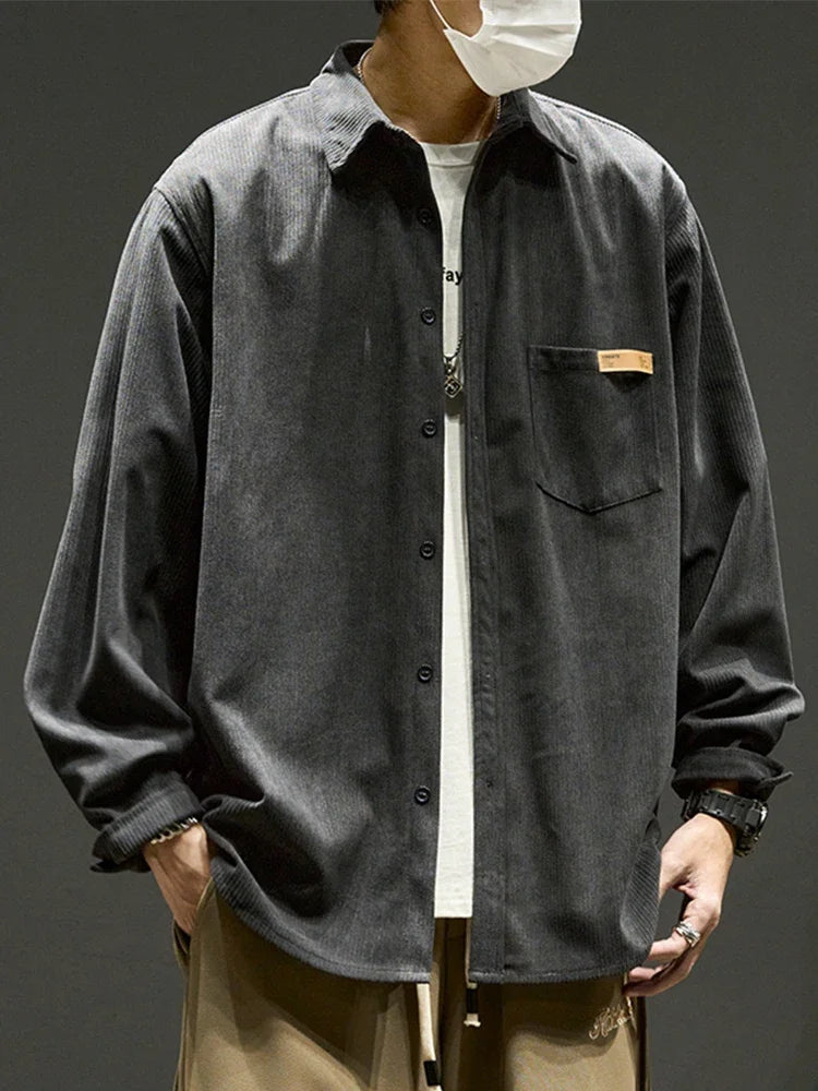 Loose Fit Corduroy Cargo Shirt Men – Plain Y2K Vintage Streetwear Overshirt