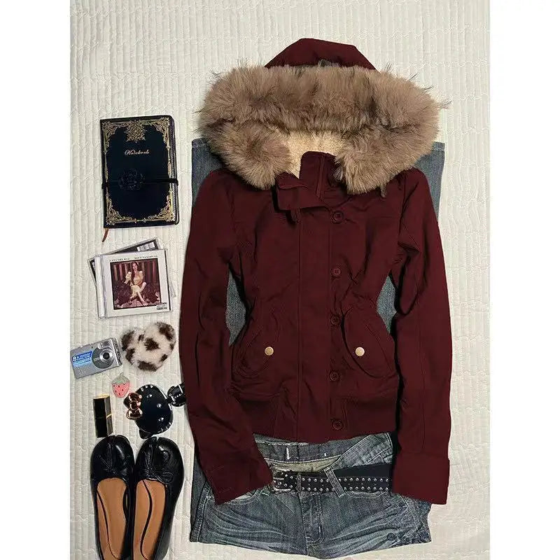 Winter Jacket Women Hooded Faux Fur Trim Fleece Lined Slim Coat