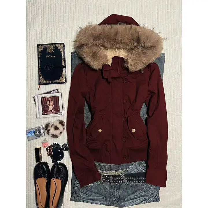 Winter Jacket Women Hooded Faux Fur Trim Fleece Lined Slim Coat