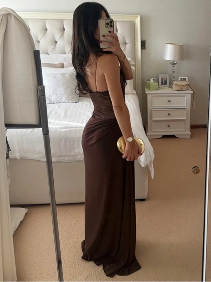 Women’s Lace Maxi Dress One Shoulder Elegant Party Dress-HighTouch