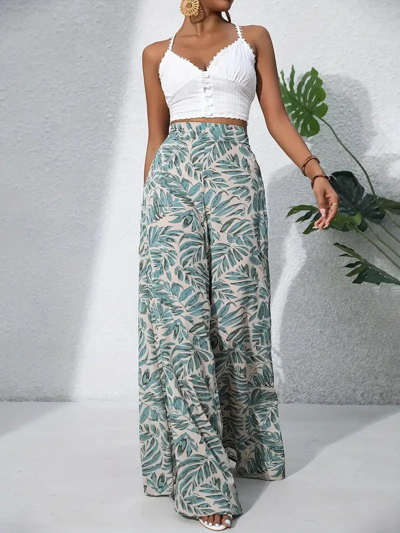Qx Painted Mid-Rise Loose Chiffon Cropped Pants