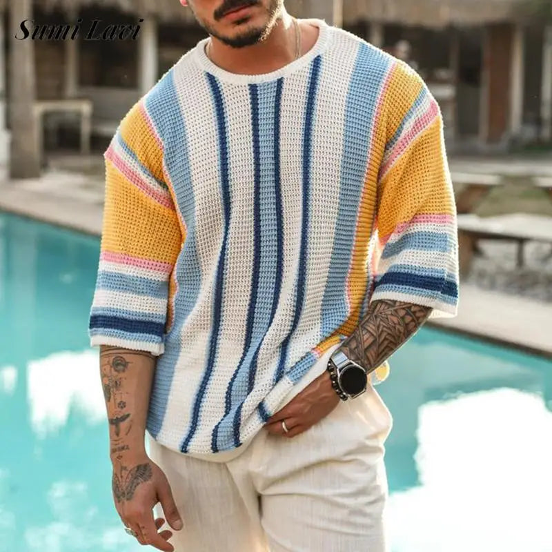 Breathable Striped Hollow Knit Summer T-Shirt for Men