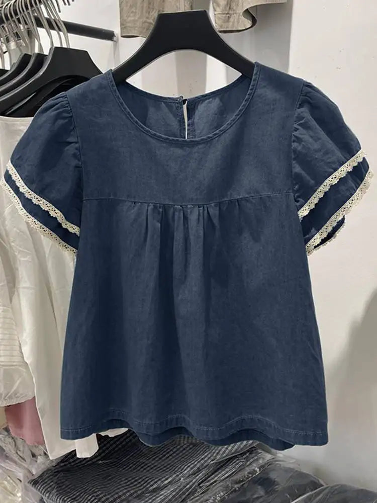 Zanzea Lace Patchwork Denim Blouse – Casual Summer Top for Women-HighTouch