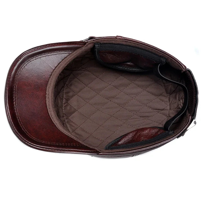 Cowhide Leather Ear-Warm Flat Cap – Vintage Winter Military Style-HighTouch