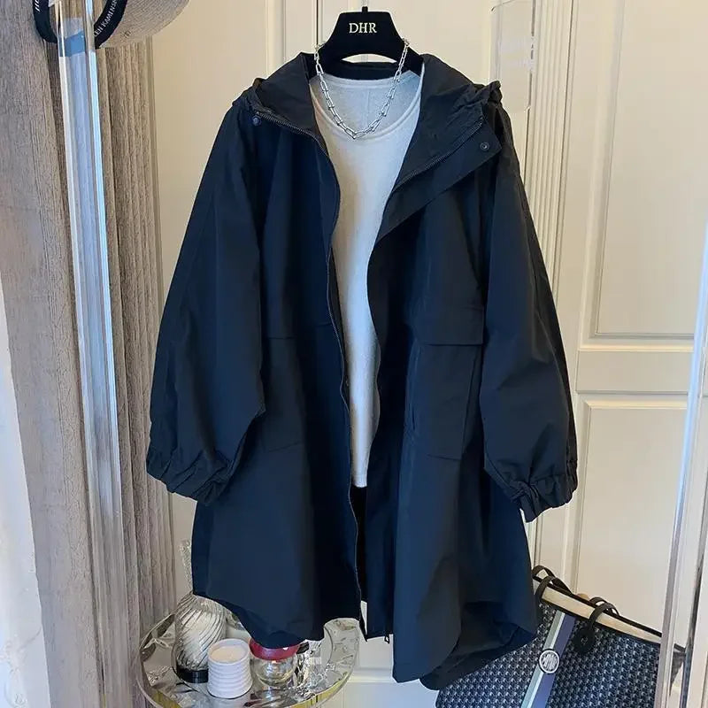 Loose Fit Hooded Trench Jacket Women-HighTouch