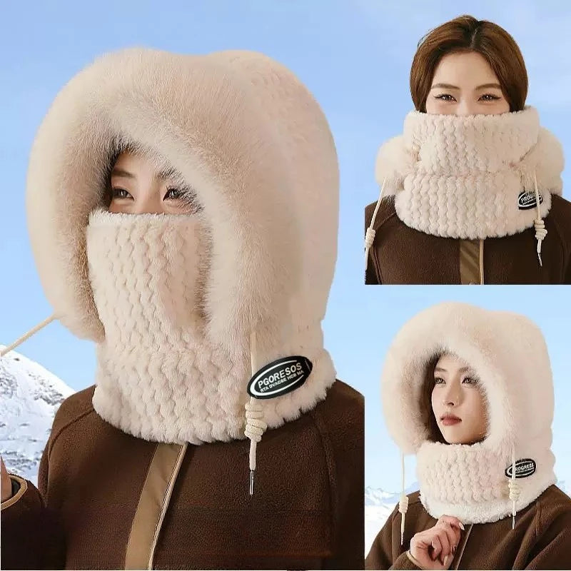 Winter Women's Plush Hooded Hat Scarf Mask 3-in-1 Ear Cover
