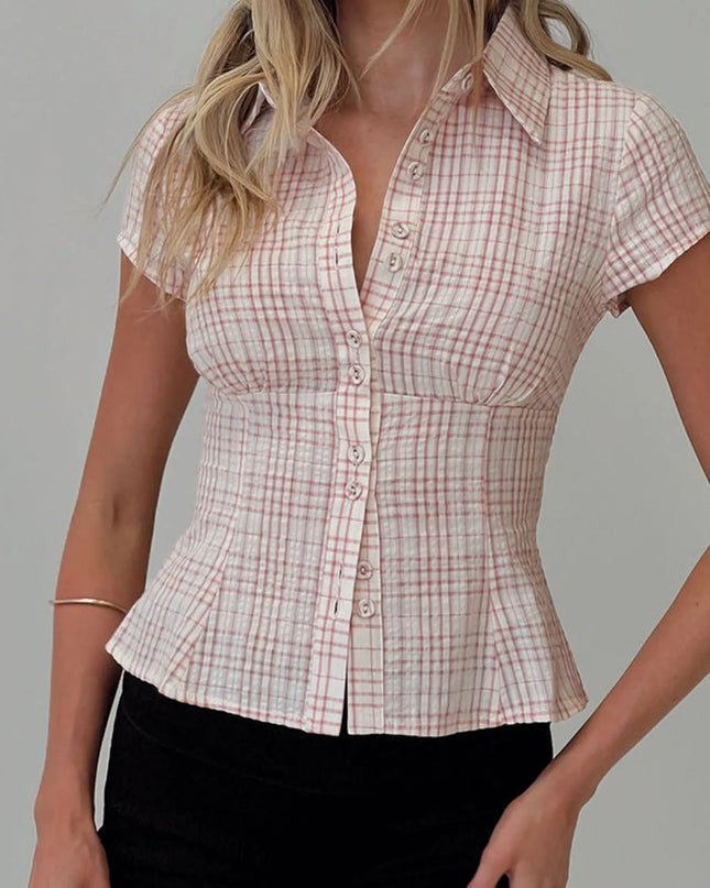 Plaid Button-Down Shirt – 90s Summer Top for Women