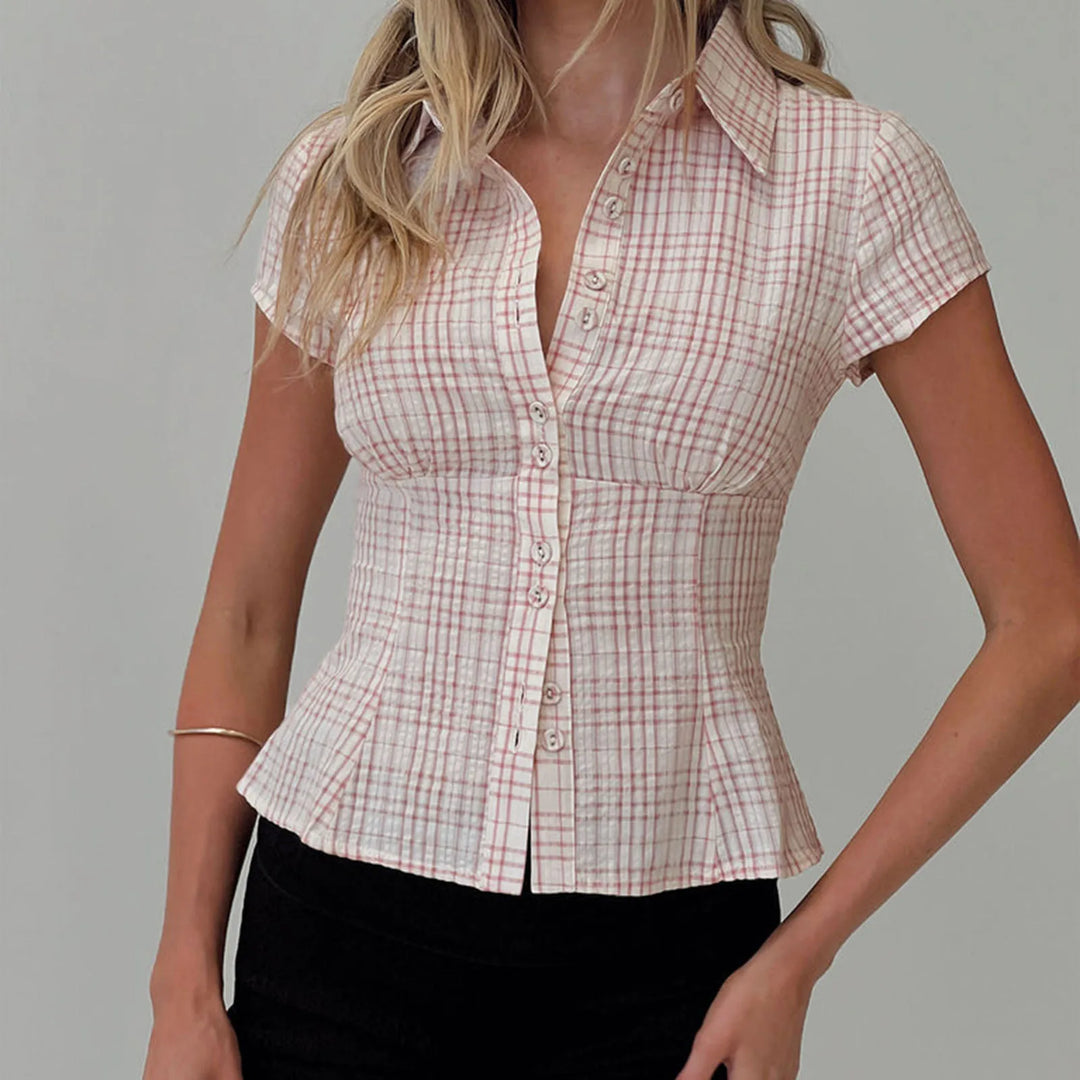 Plaid Button-Down Shirt – 90s Summer Top for Women-HighTouch