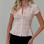 Plaid Button-Down Shirt – 90s Summer Top for Women-HighTouch