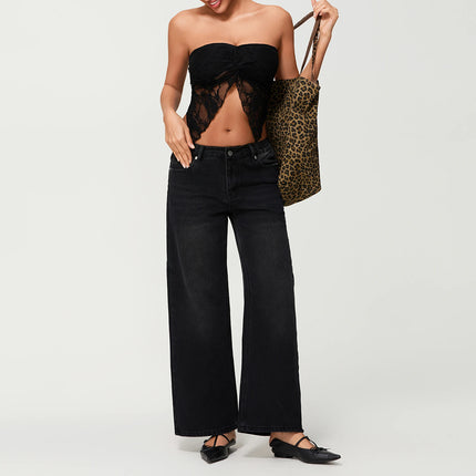 Women’s Low-Rise Wide-Leg Loose Denim Jeans – Solid Colour Spring Style