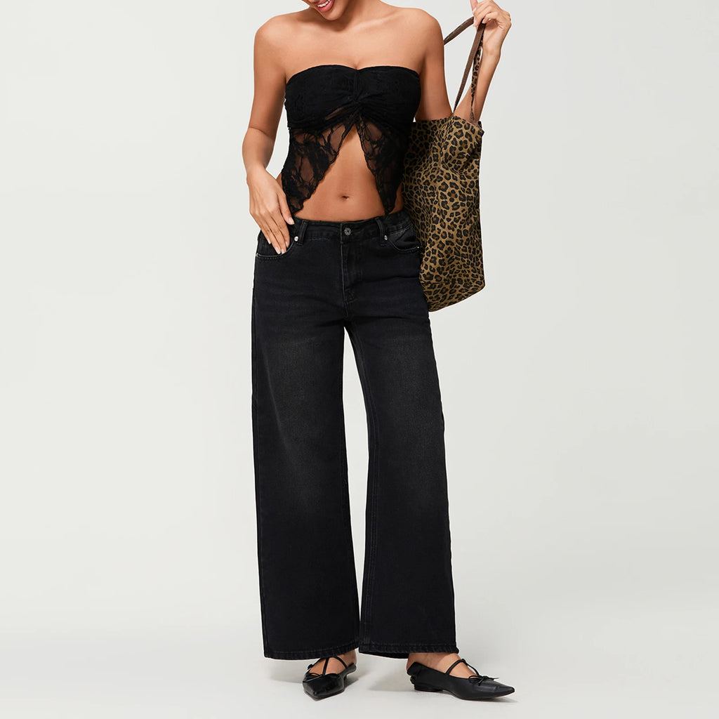 Jeans da donna a vita bassa, gamba larga e ampia in denim – Colore uniforme stile primaverile