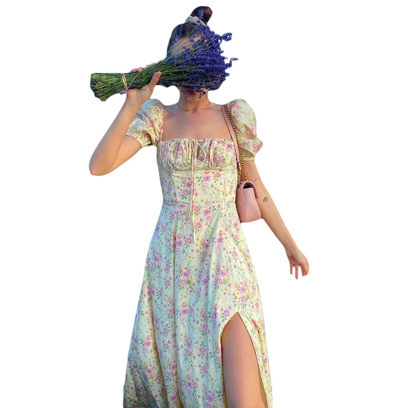 Puff-Sleeve Floral Maxi Dress – Lace-Up Bodice & High Split-HighTouch