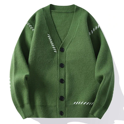 Men’s Patchwork V-Neck Knit Cardigan – Harajuku Casual Streetwear