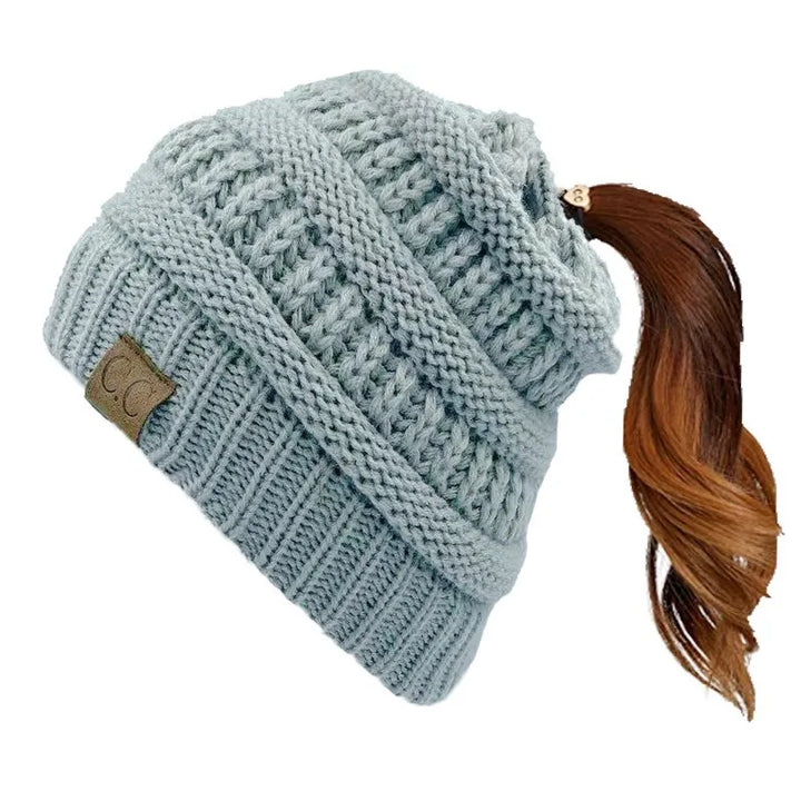 Cable Knit Ponytail Beanie-HighTouch