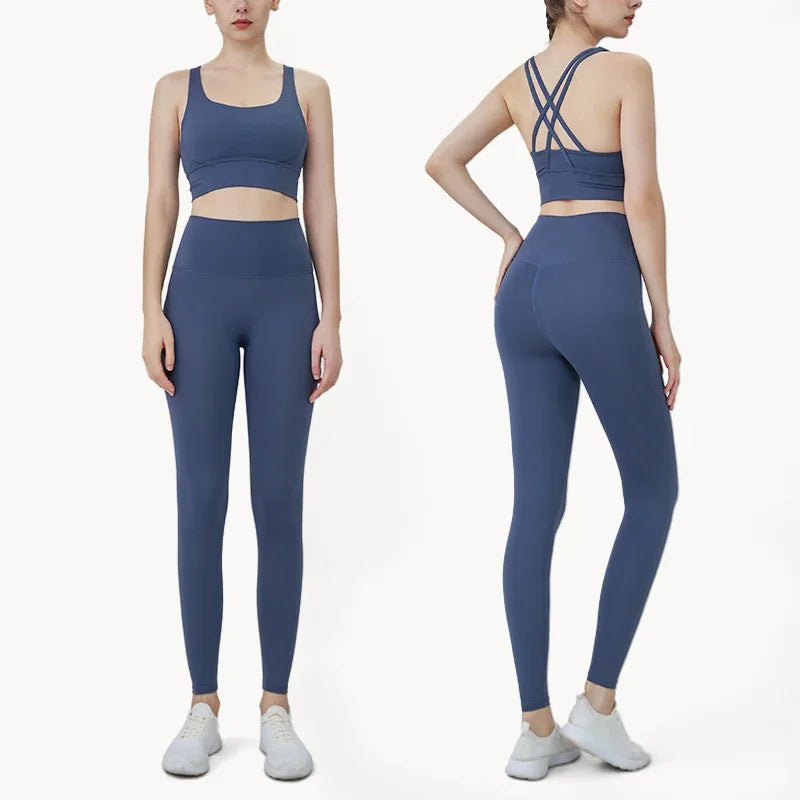 Summer New 2 Piece Yoga Clothes Women's Tracksuit Athletic Cross Back Nylon Yoga Top Women Sports Bra Leggings Pilates Fitness-HighTouch