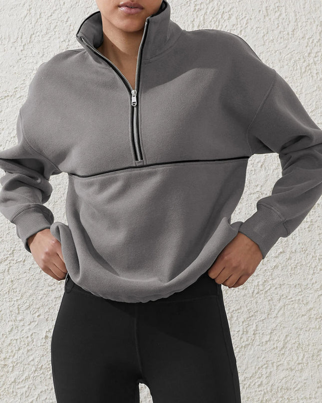 Colour-Block Half-Zip Pullover Sweatshirt – Loose Streetwear Long Sleeve