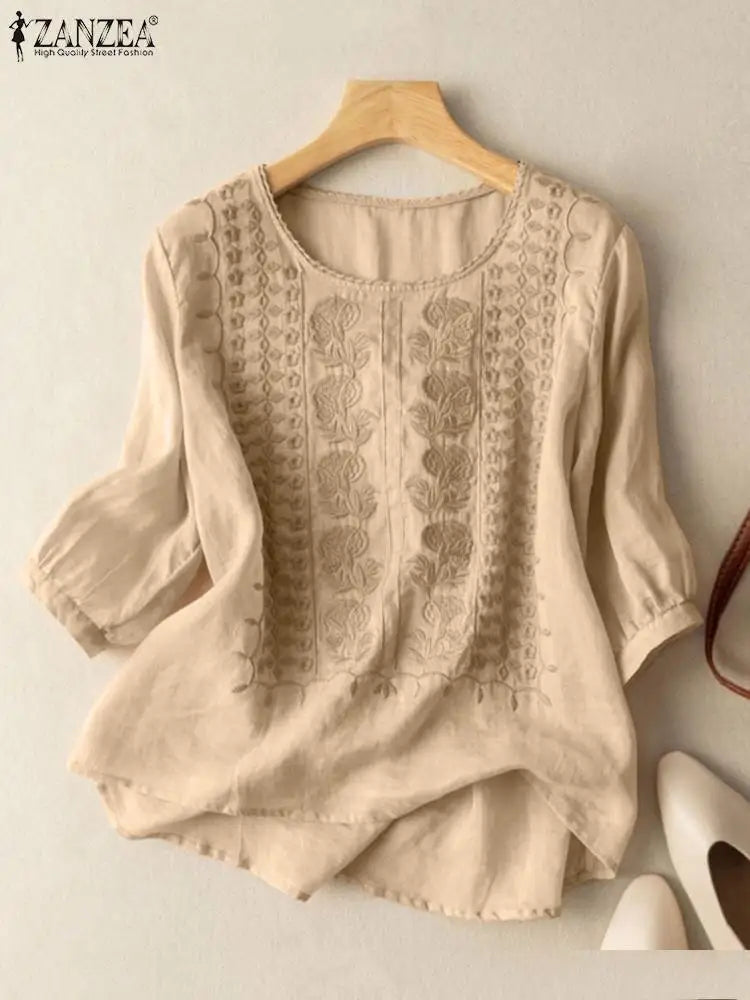 Vintage Lace Crochet Blouse – Elegant 3/4 Sleeve Embroidered Top-HighTouch