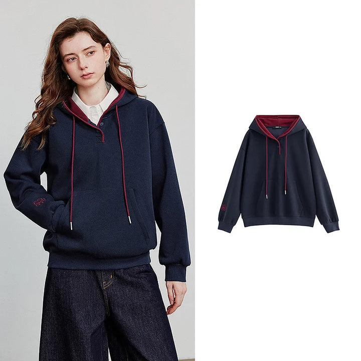 Women Embroidered Pullover Hoodie Contrast Color Casual-HighTouch