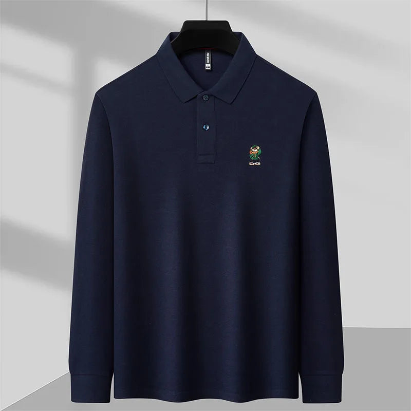 Bear-Embroidered 100% Cotton Long-Sleeve Polo – Spring/Autumn Men’s
