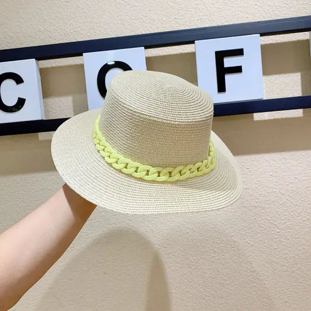 Adjustable Flat‑Top Yellow Straw Fedora