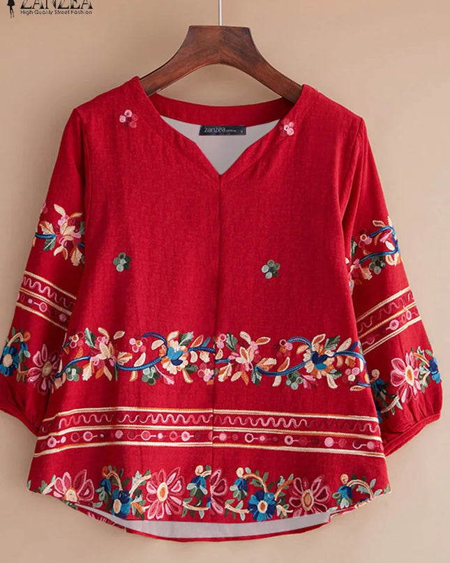 ZANZEA Vintage Boho V-Neck Blouse – Lantern Sleeve Pullover