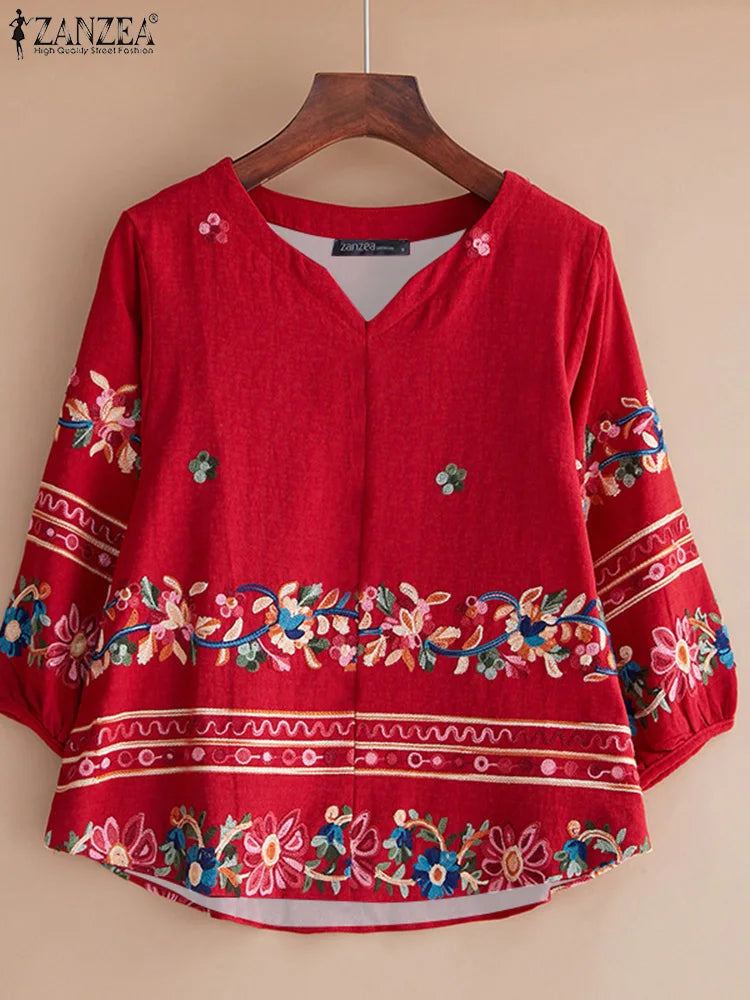 Vintage Boho V-Neck Blouse – Lantern Sleeve Pullover-HighTouch