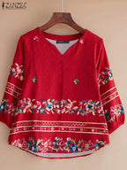 Vintage Boho V-Neck Blouse – Lantern Sleeve Pullover-HighTouch