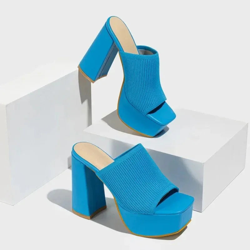 Women's Platform Block Heels – Stretch Knit 6.5cm Lift