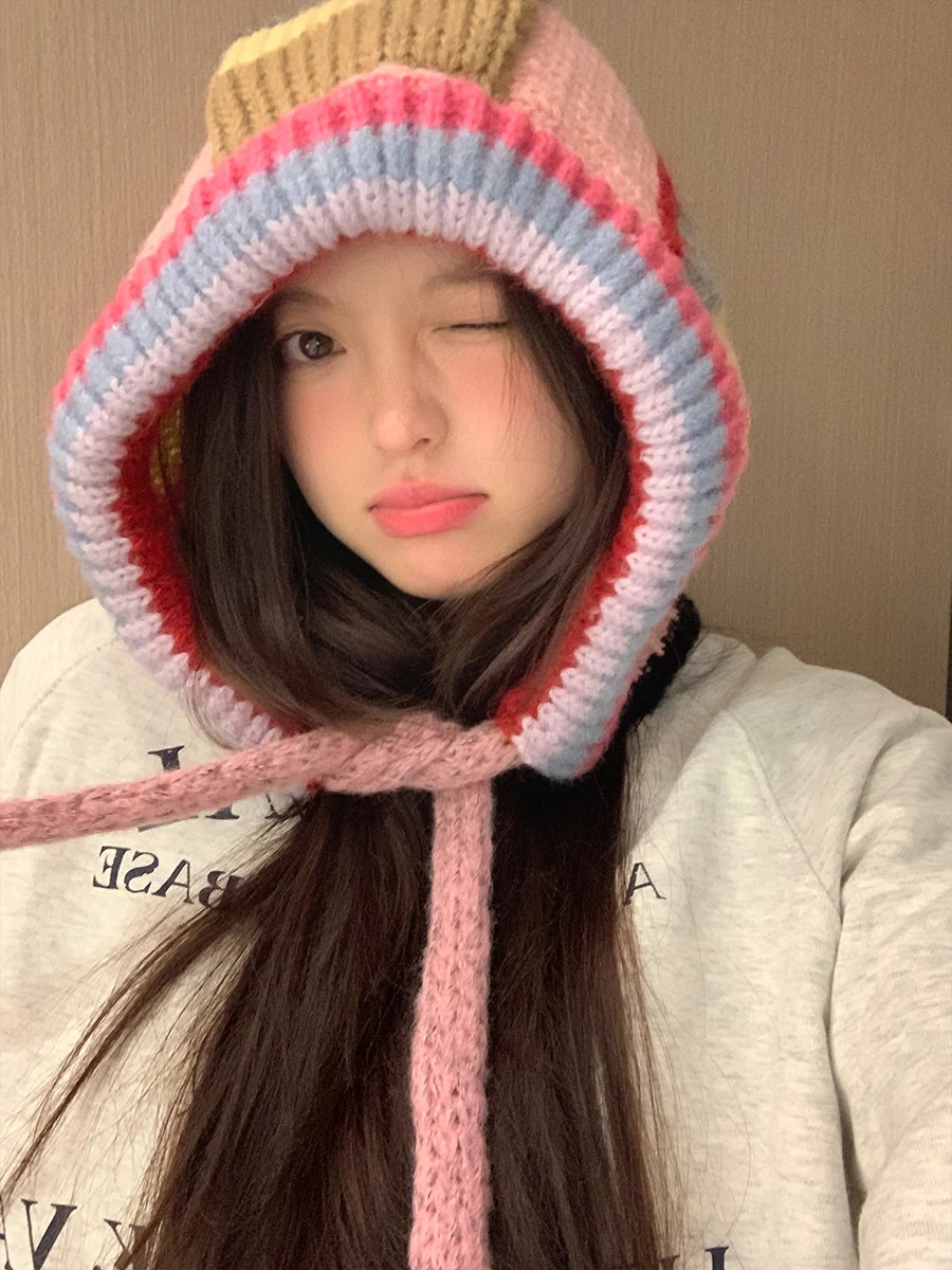 Color-Blocked Striped Warm Earmuffs for Women