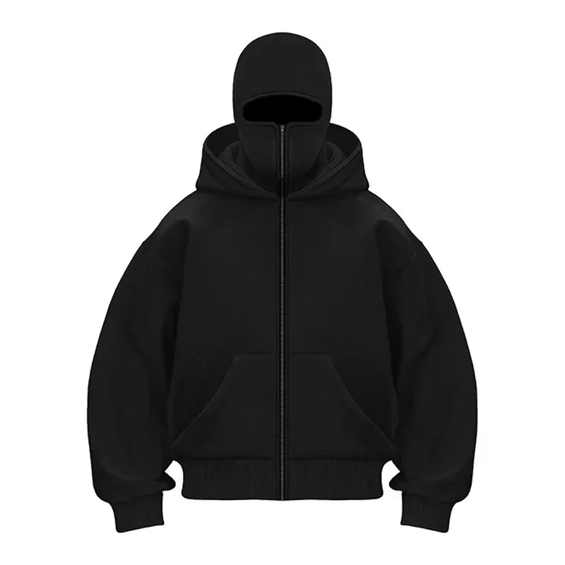 Winter Balaclava Hoodie Unisex Y2K Double Hood Zip Sweatshirt
