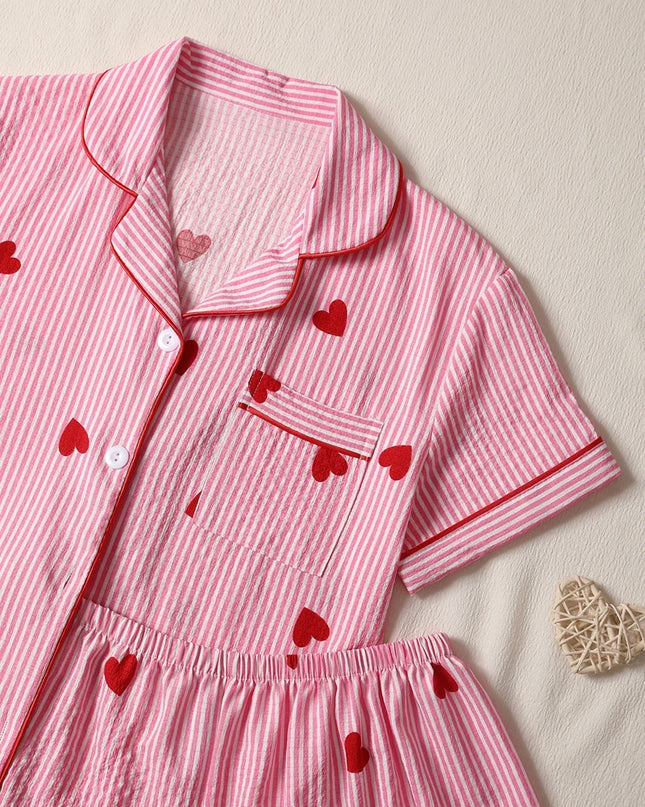 Pink Heart Print Short‑Sleeve Pajama Set