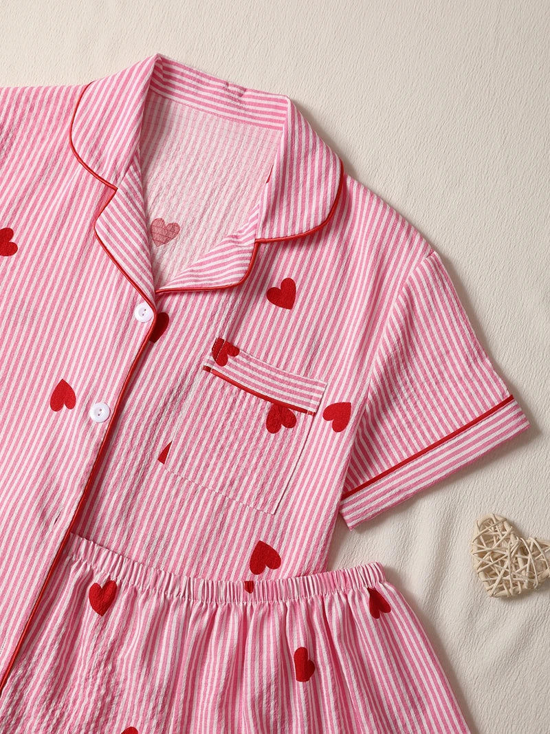 Pink Heart Print Short‑Sleeve Pajama Set-HighTouch