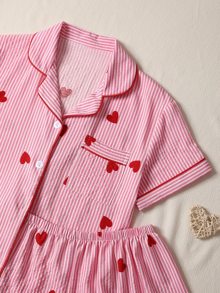 Pink Heart Print Short‑Sleeve Pajama Set-HighTouch
