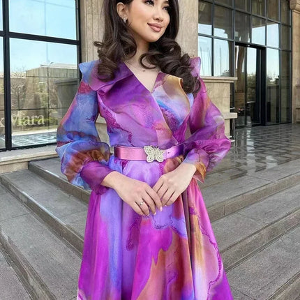 Elegant Printed Long-Sleeve Belted Maxi Dress Women