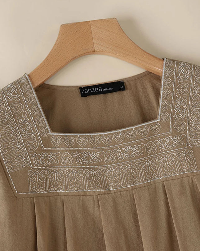 Feel Effortless Elegance Every Day in Our Square-Neck Embroidered Blouse