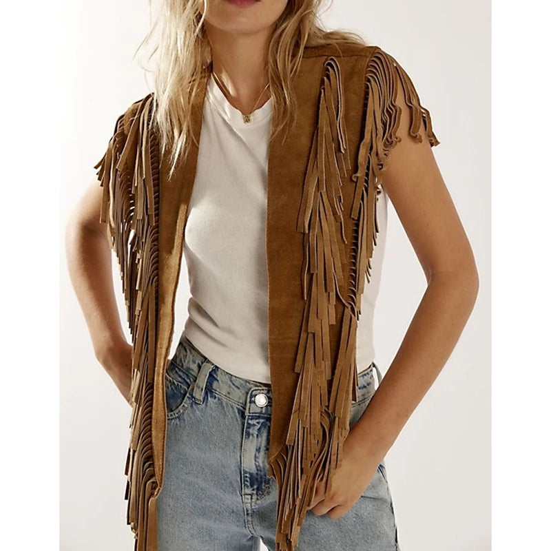 Vintage Studded Faux Suede Tassel Vest