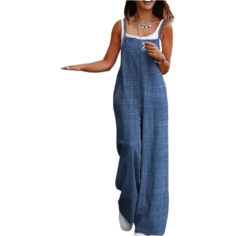 Women's Sleeveless Suspender Jumpsuit with Pockets – Loose Casual Wide-Leg Romper