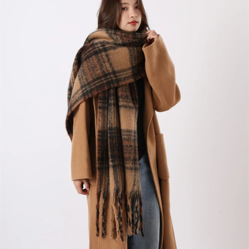Retro Mohair Plaid Tassel Scarf Thick Winter Long Shawl