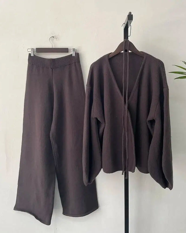 Knit Zip-Up Cardigan & Wide-Leg Pants Set