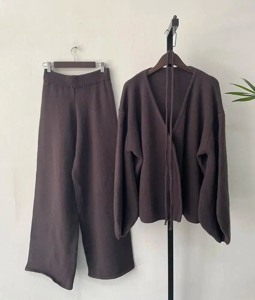 Women’s Knit Matching Set Zip Cardigan Wide Leg Pants Cozy Outfit-HighTouch