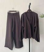 Women’s Knit Matching Set Zip Cardigan Wide Leg Pants Cozy Outfit-HighTouch