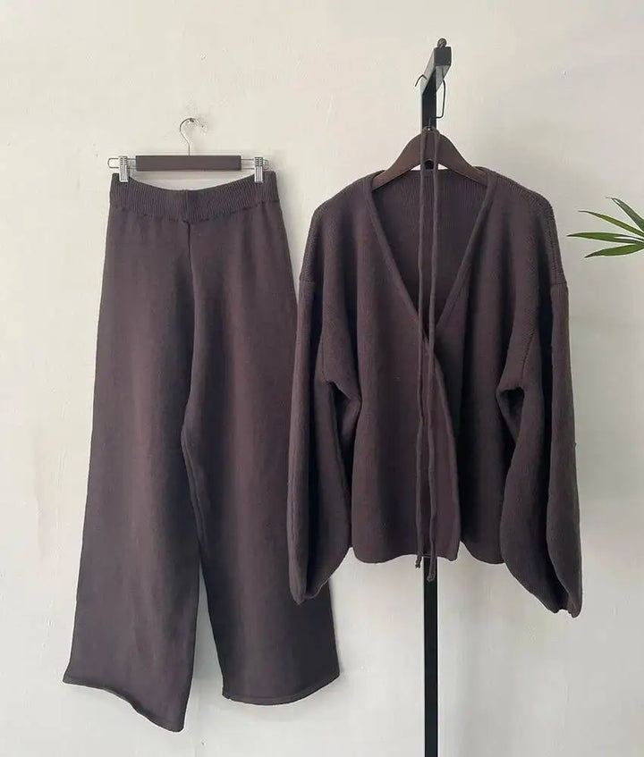 Women’s Knit Matching Set Zip Cardigan Wide Leg Pants Cozy Outfit-HighTouch