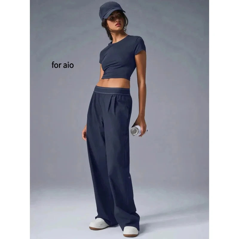 Dames Vrijetijds Yoga Broek Sneldrogend Rechte Pijp Lichtgewicht Zomerse Broek Reflecterend Logo voor aio Zacht Comfortabel Sportkleding