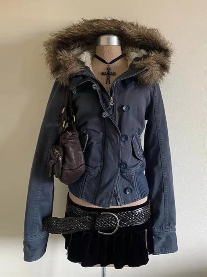 Winter Faux Fur Hood Jacket Women Y2K Vintage Gothic Parka
