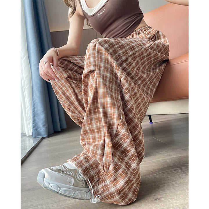 Harajuku Plaid Wide‑Leg Women’s Joggers – Y2K High‑Waist Casual Trousers-HighTouch