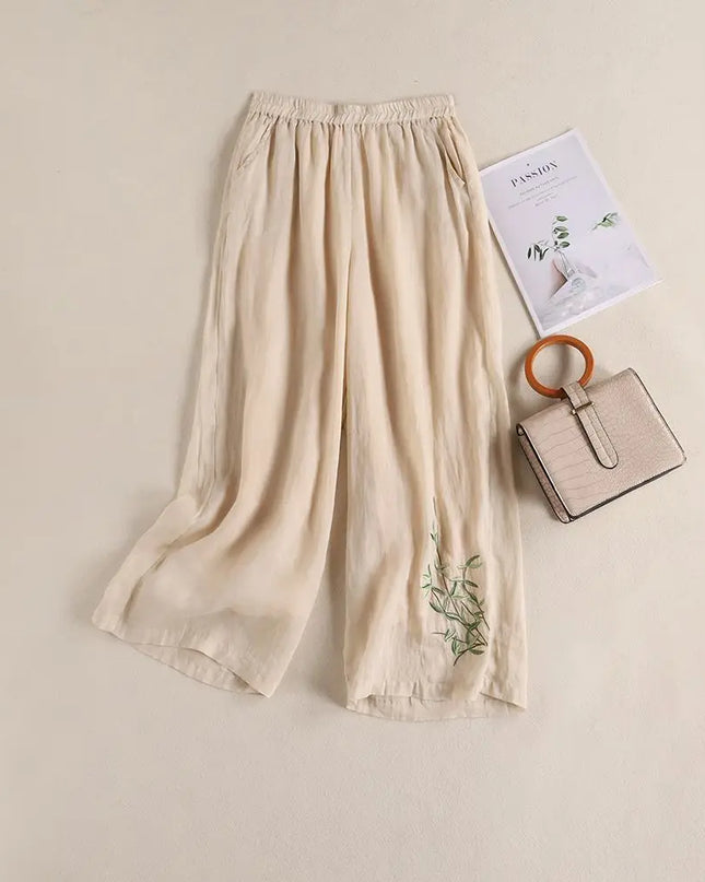 Elegant Embroidered Cotton‑Linen Wide‑Leg Trousers – Cool, Breathable & Stylish
