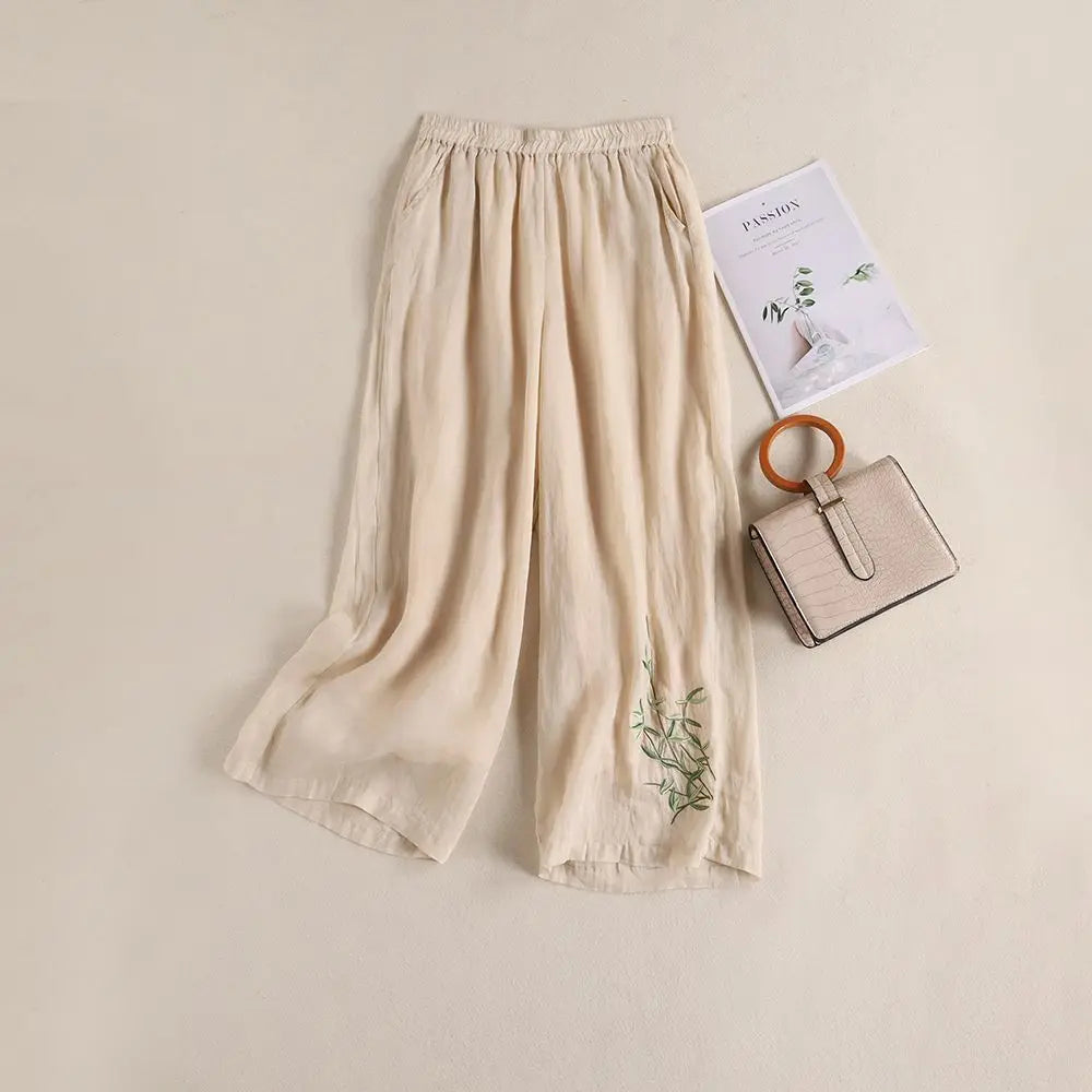 Elegant Embroidered Cotton‑Linen Wide‑Leg Trousers – Cool, Breathable & Stylish-HighTouch