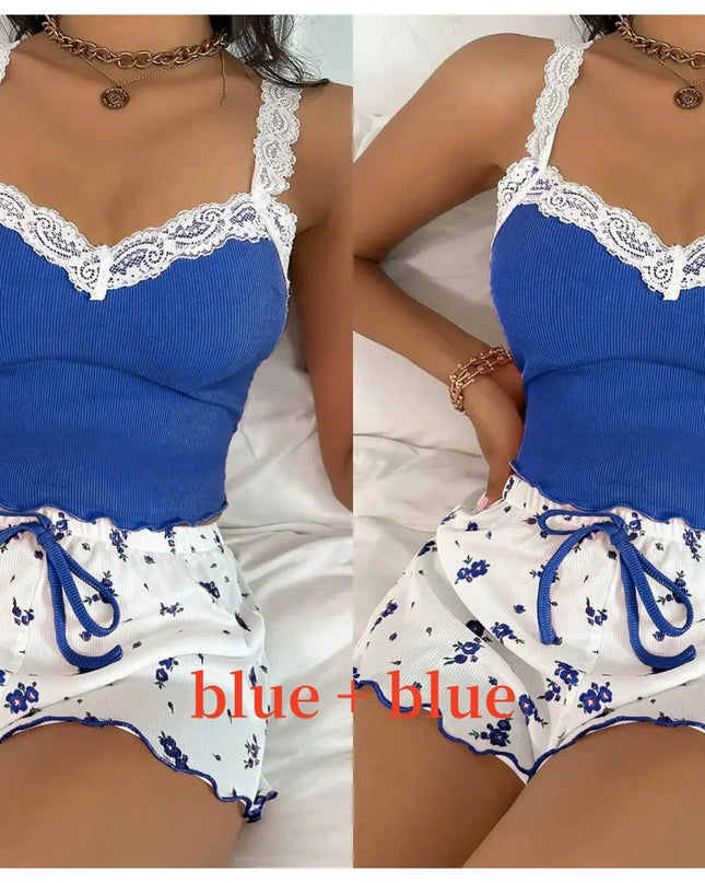 Women’s Pink Lace Patchwork Camisole & Shorts Pajama Set – Sexy Lounge Sleepwear
