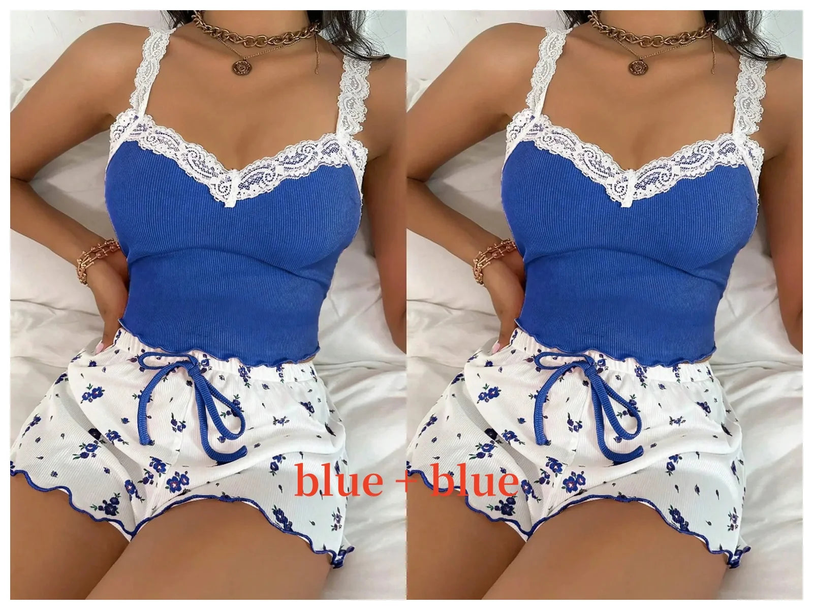 Women’s Pink Lace Patchwork Camisole & Shorts Pajama Set – Sexy Lounge Sleepwear