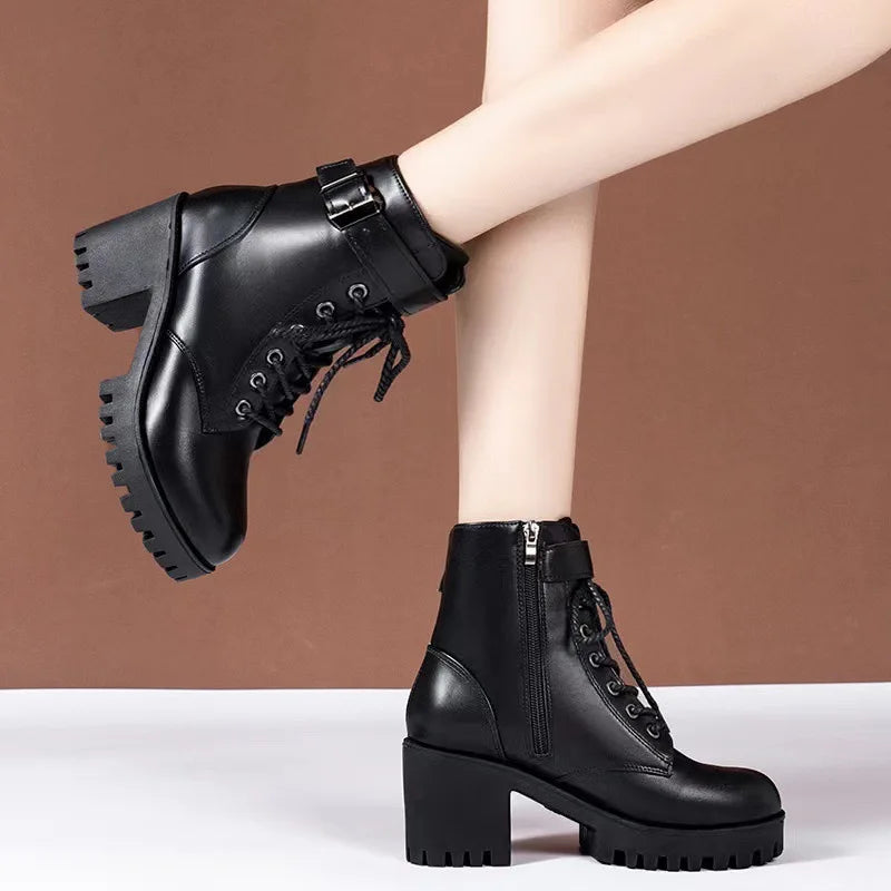 Autumn Women's Chunky Heeled Short Boots Round Toe Lace Up High Heels Solid Color Waterproof Platform Motorcycle Boots for Women